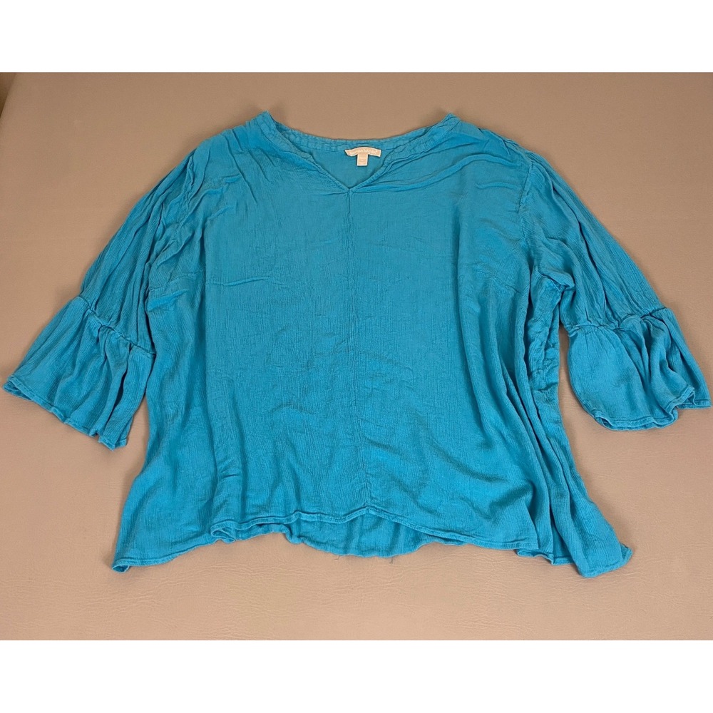 Woman Within Blouse Top 3X 30/32 Teal Blue Rayon Crinkle Gauze VNeck Bell Sleeve